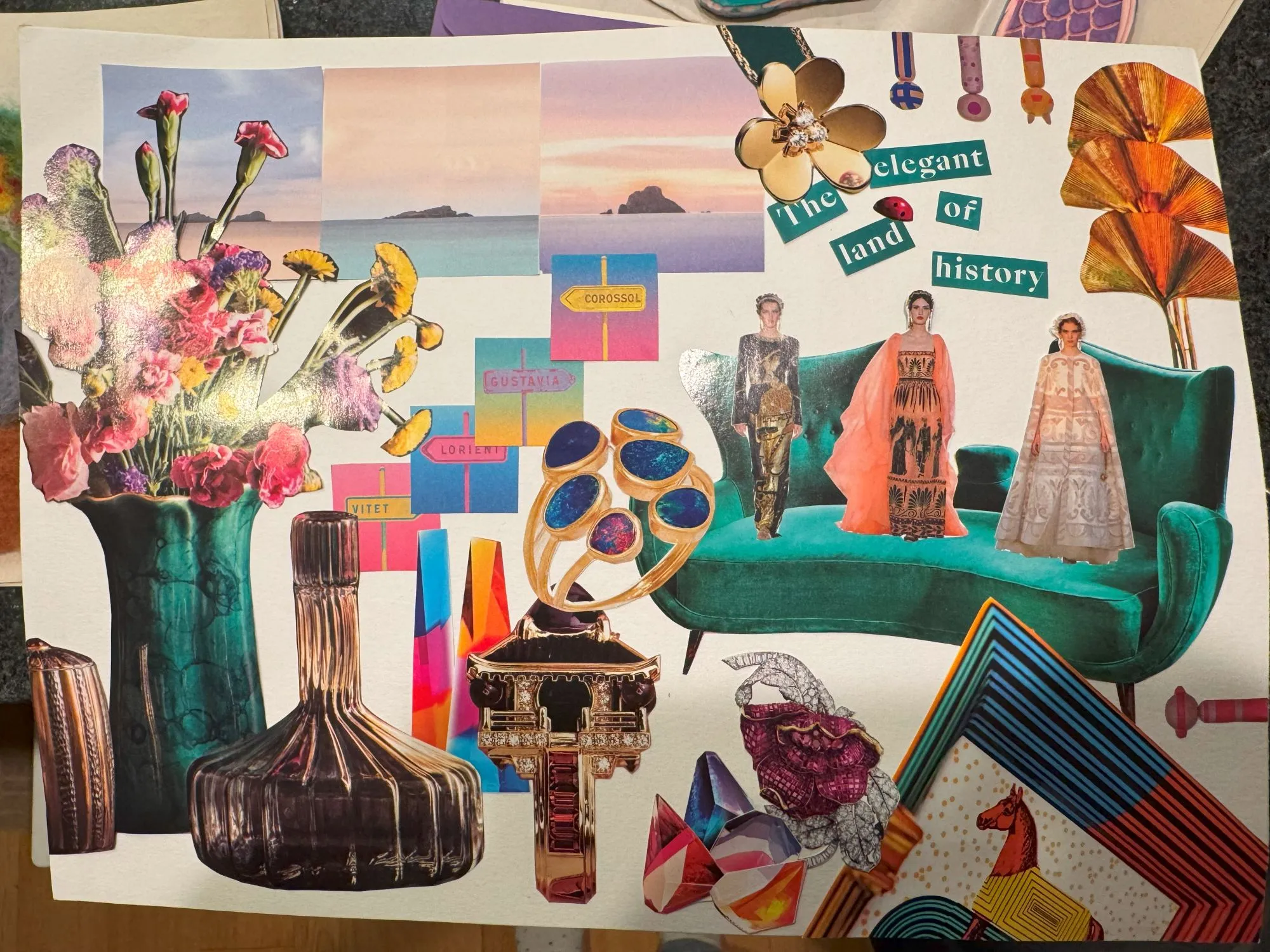 A collage of various pieces cut out from magazines