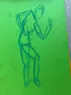 A quickly-drawn figure in blue pastel on green paper