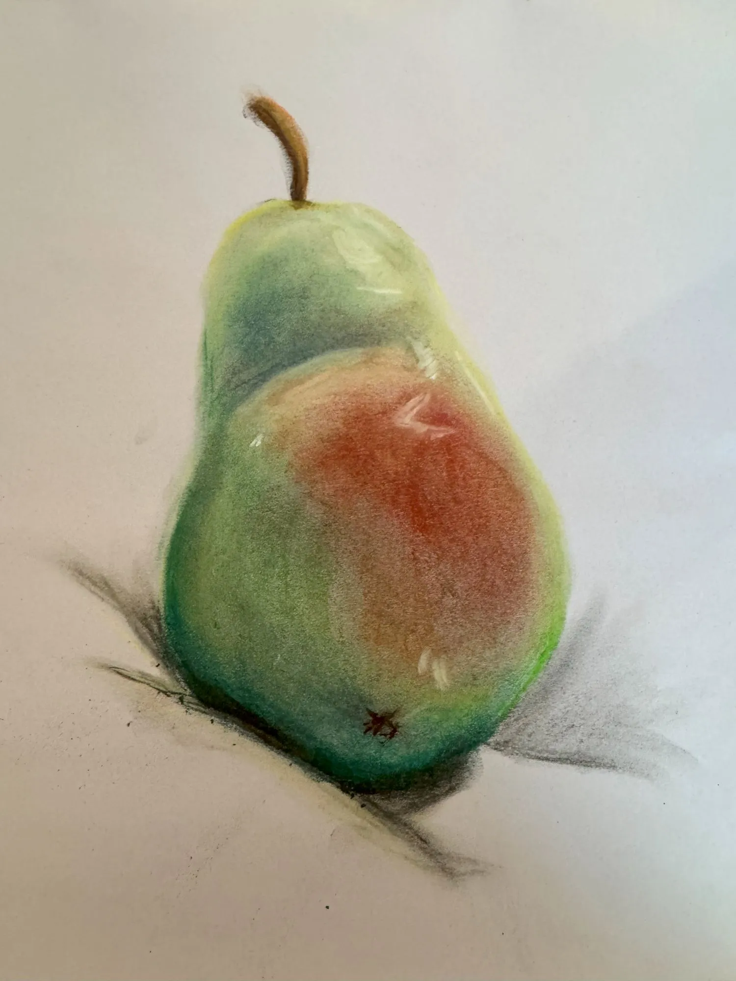A pear drawn with chalk pastels