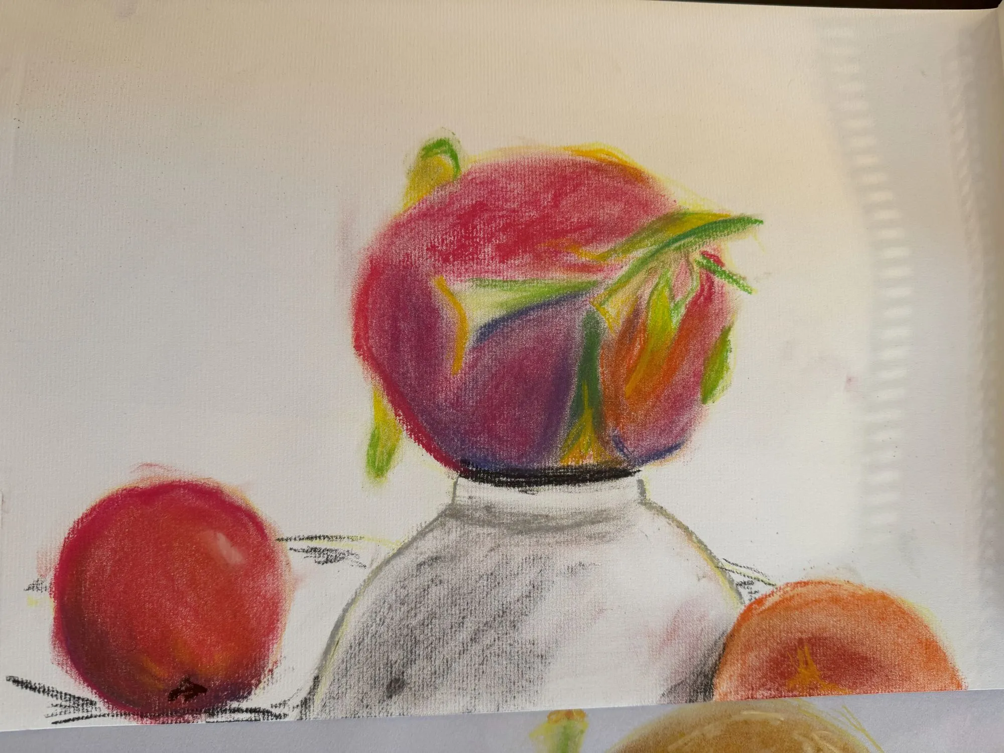A dragonfruit on top of an overturned bowl, with an apple and peach visible below, drawn in chalk pastel