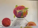A dragonfruit on top of an overturned bowl, with an apple and peach visible below, drawn in chalk pastel