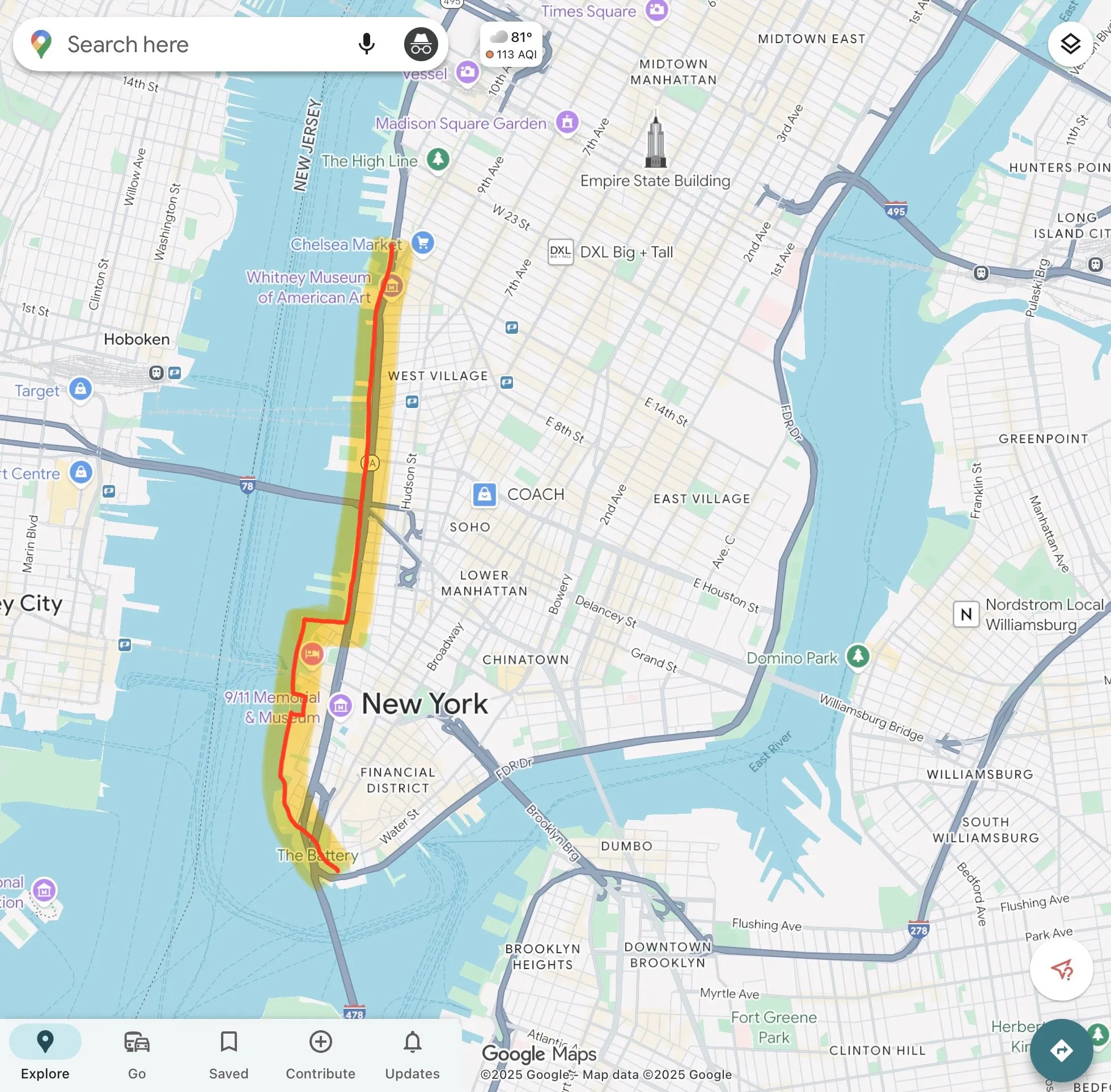 Map of Manhattan with a line going from Battery Park to 14th Street along the west side