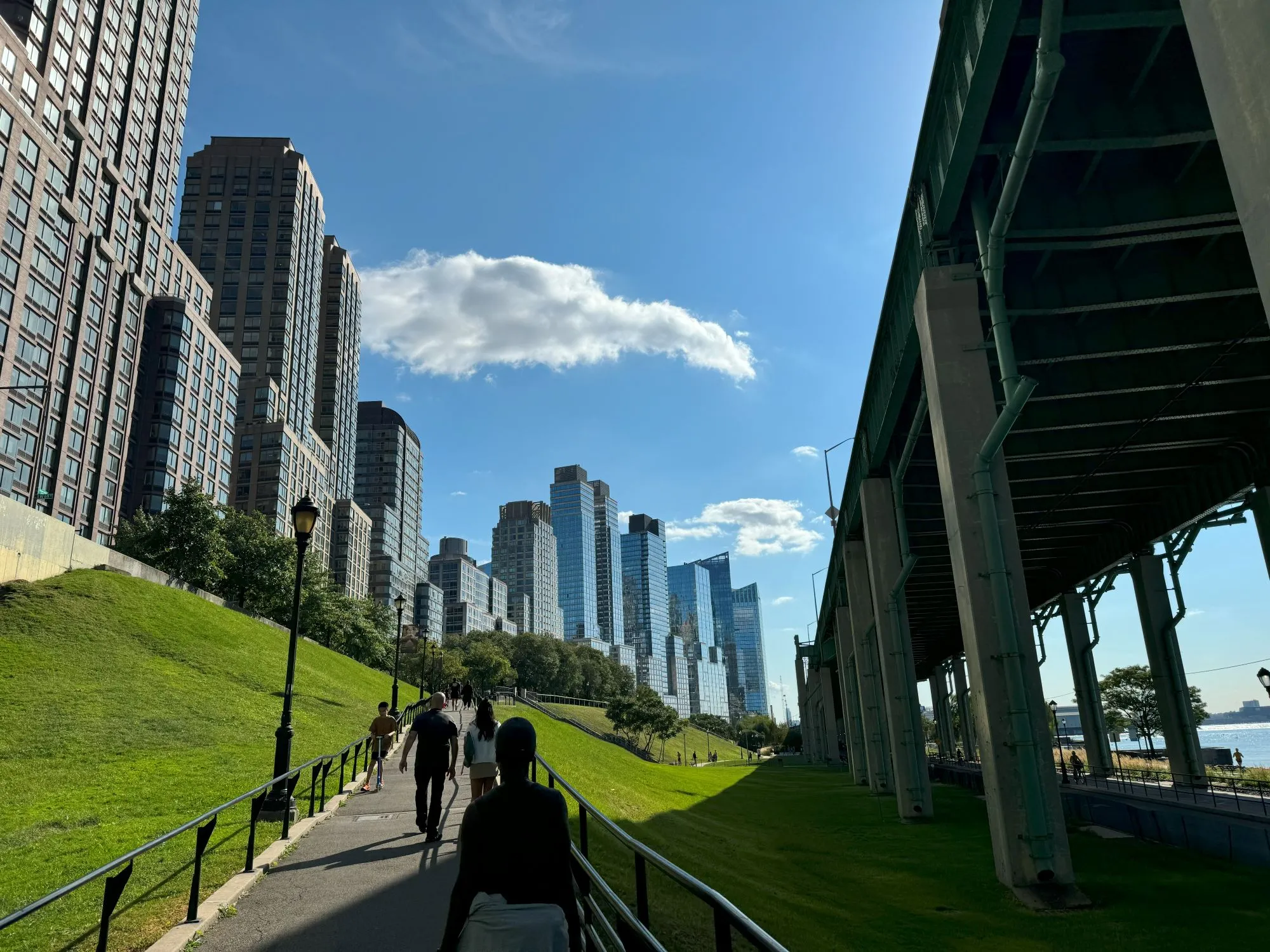 A path through a grassy area between a raised road and buildings