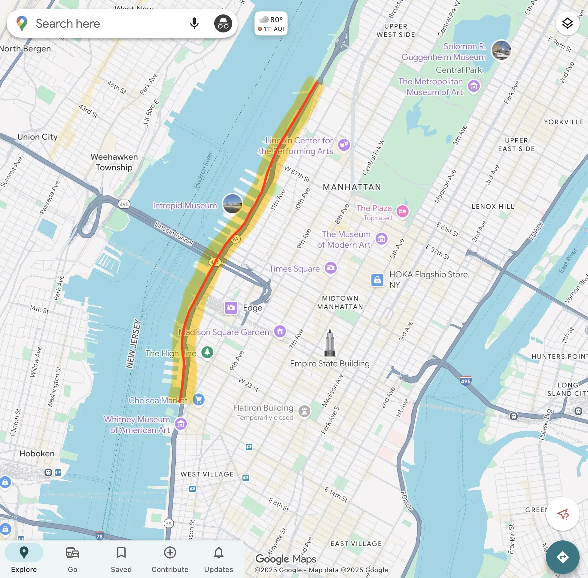 Map of Manhattan with a line going from 14th Street to 72nd Street on the west side