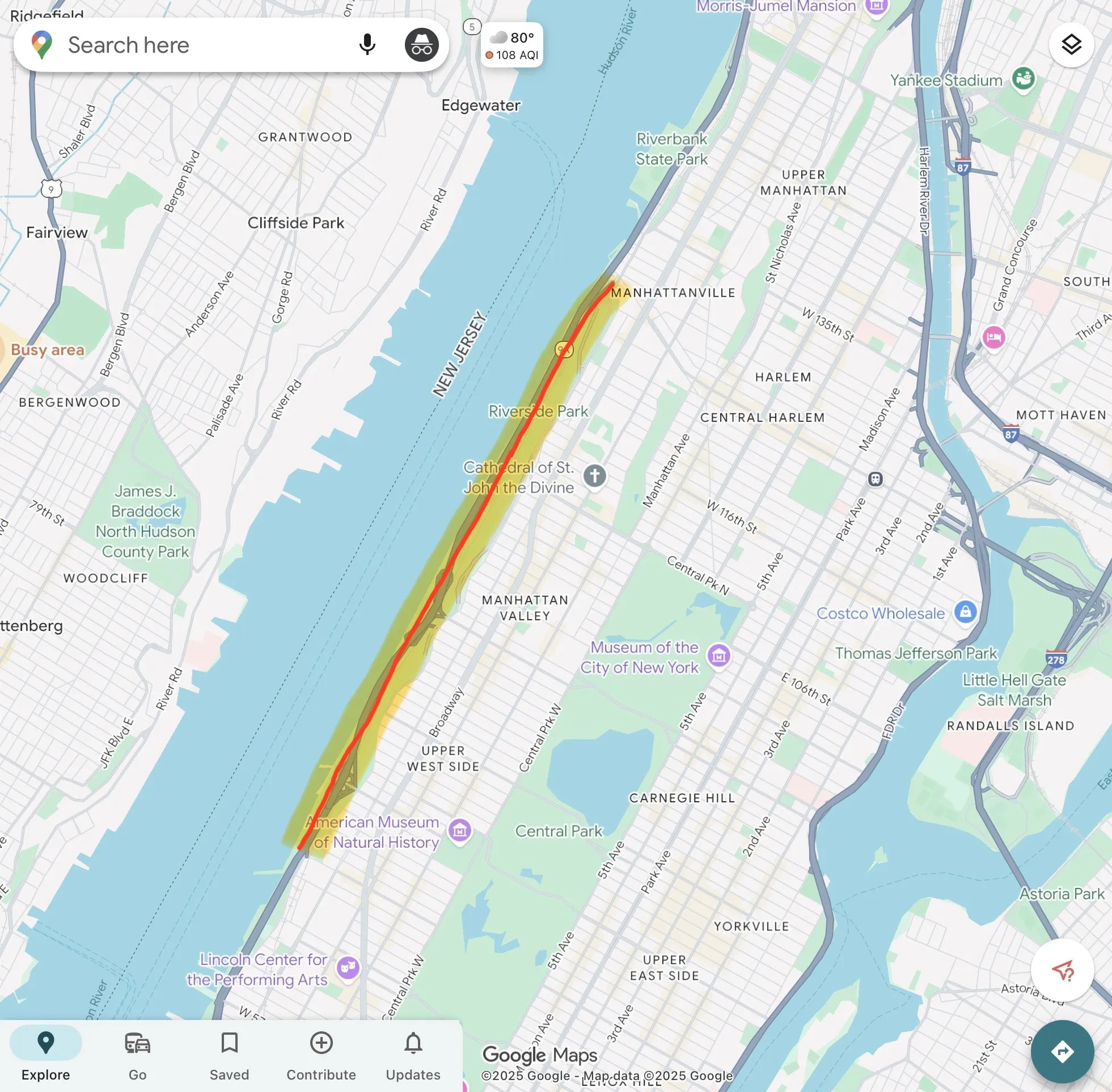Map of Manhattan with a line going from 72nd Street to 125th Street on the west side