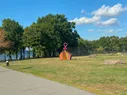 A statue in a park that looks like a boulder with a pink structure sticking from the top