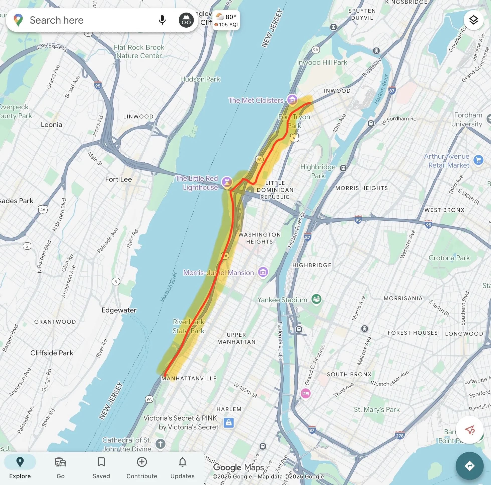 Map of Manhattan with a line going from 125th Street to Dyckman Street on the west side