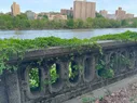 A stone fence covered in plants along a riverside walkway