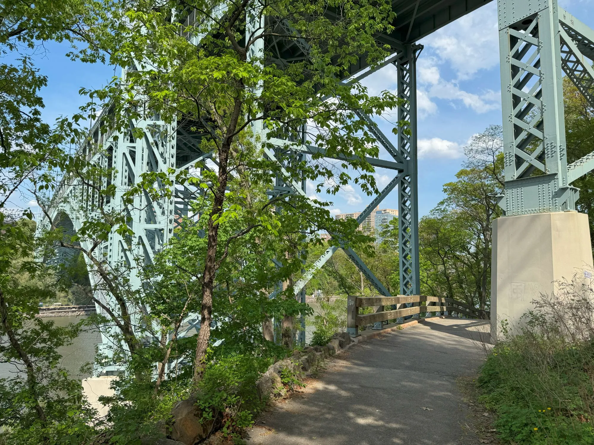 A path beneath one side of a bridge that goes over the river