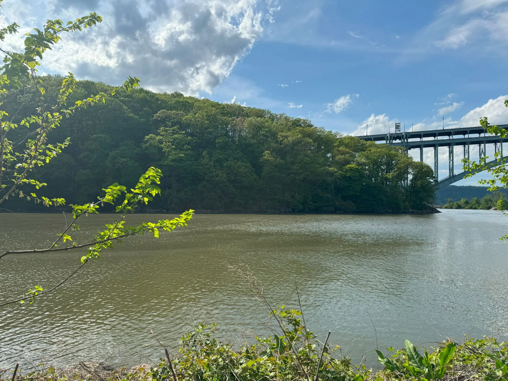 A bridge jutting out from a hilly, forested area across the water