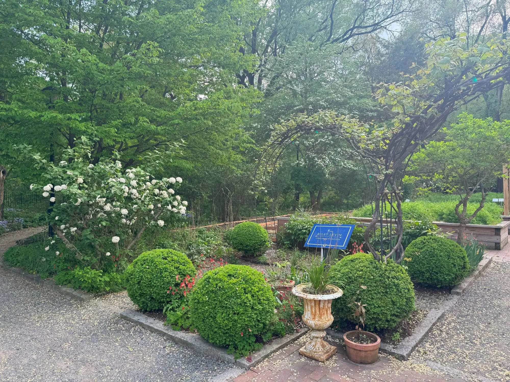 A small garden with small arches and various flowers