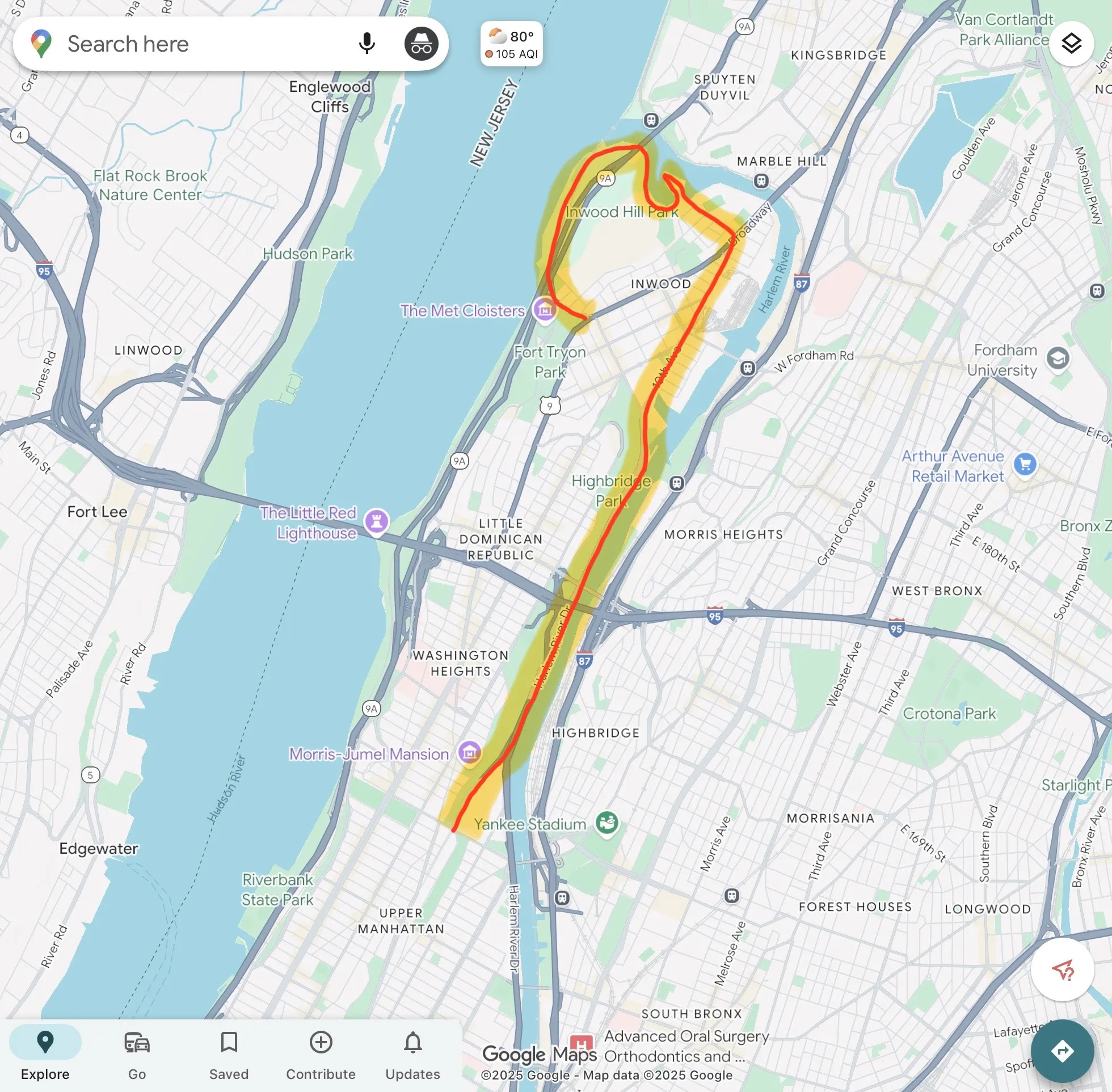 Map of Manhattan with a line going from Dyckman Street on the west side around the top of the island and to 155th Street on the east side