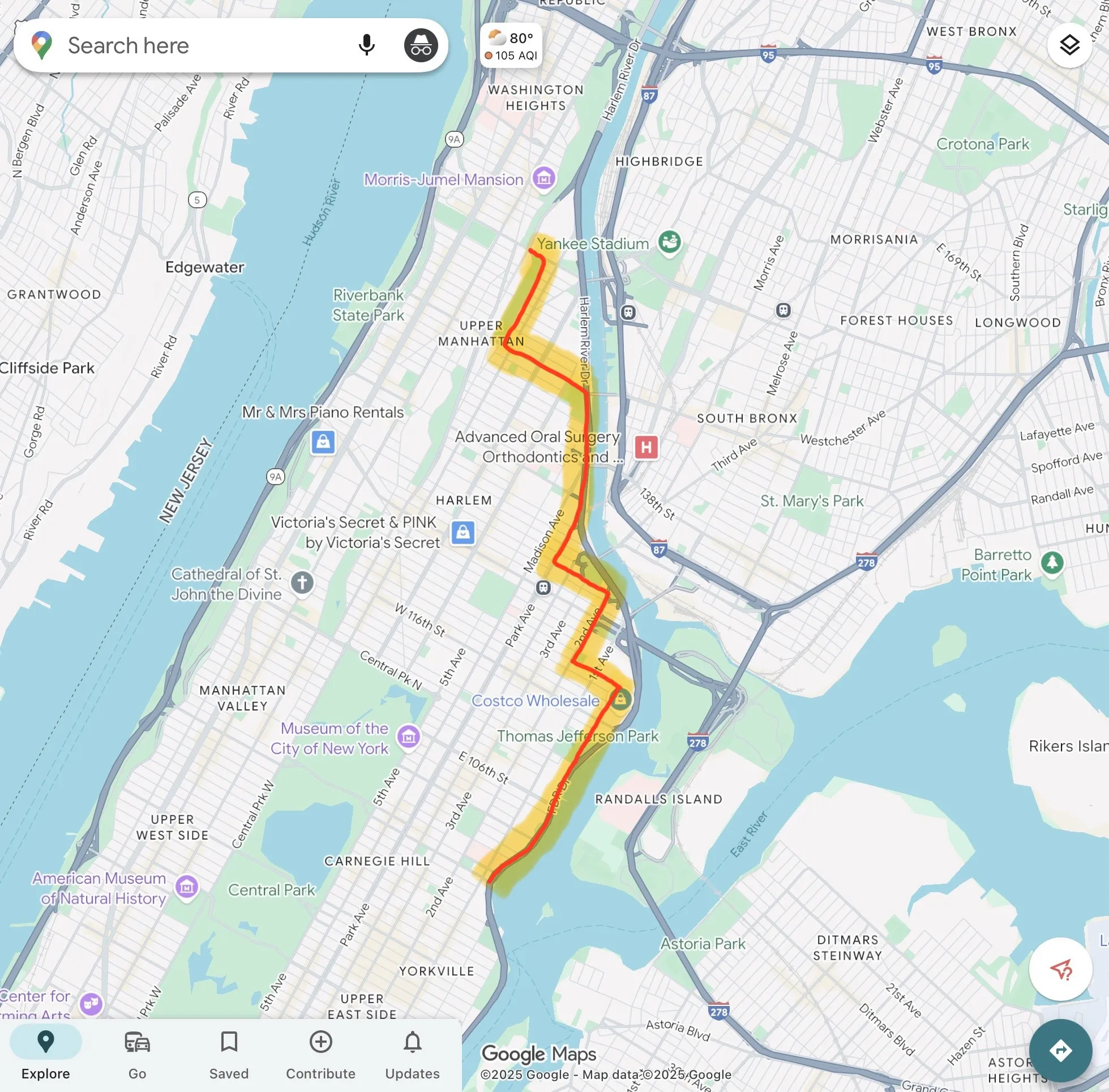 Map of Manhattan with a line going from 155th Street to 96th Street on the east side