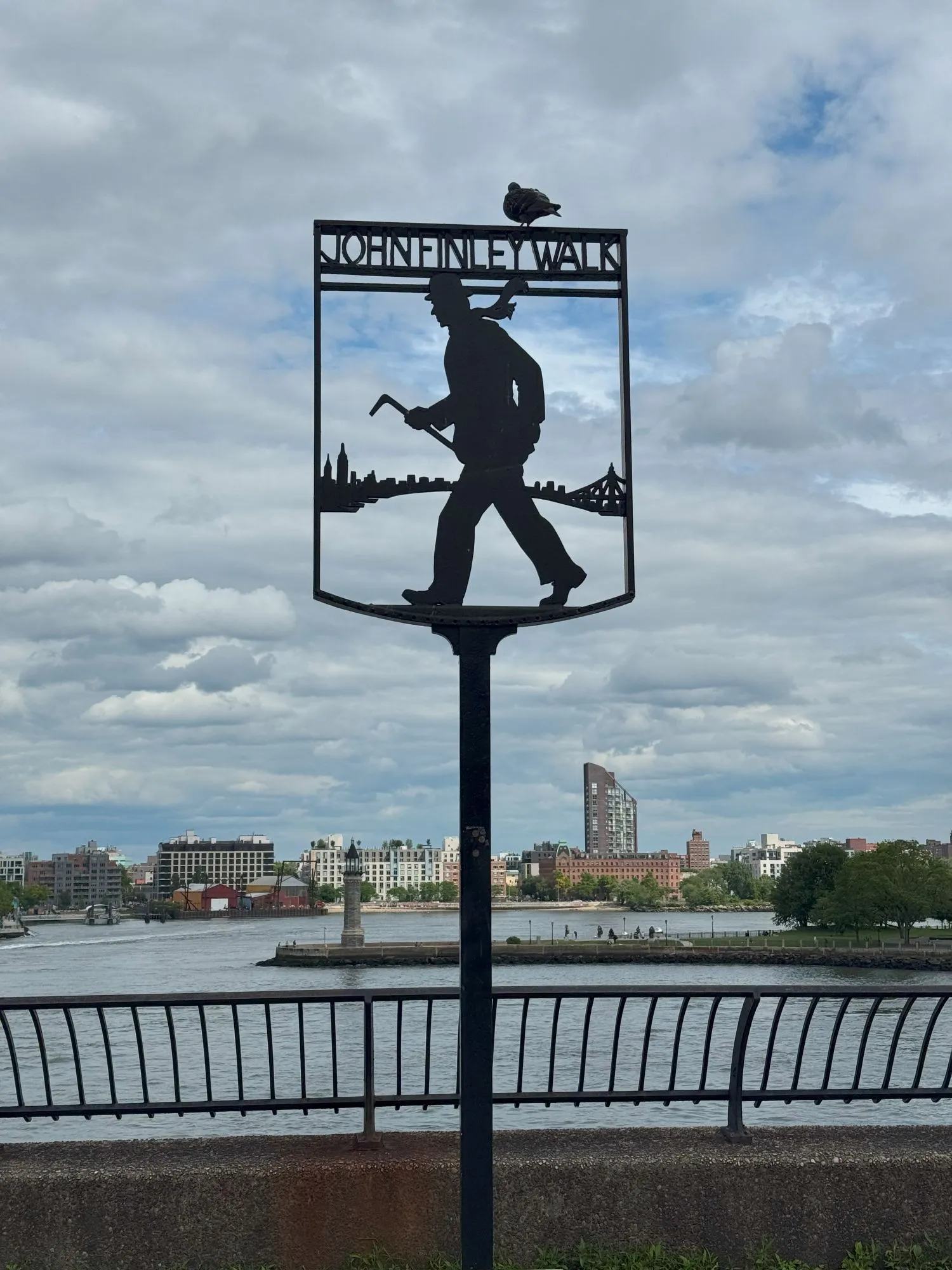 A metal sign saying 'John Finley Walk' showing a silhouette of a man and bird, with a live pigeon perching on top of the sign
