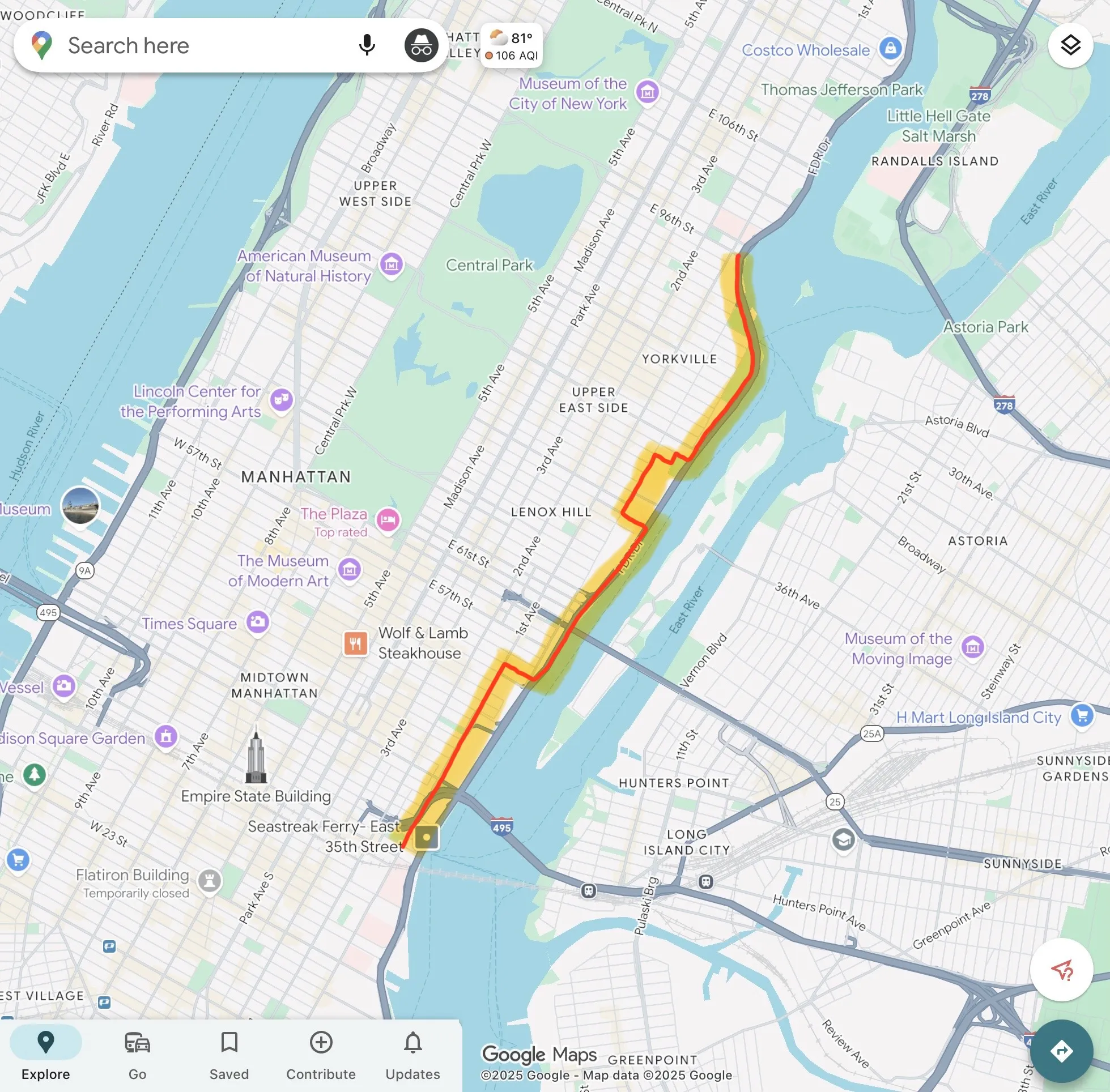 Map of Manhattan with a line going from 96th Street to 35th Street on the east side