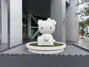 A statue of Hello Kitty in front of a modern skyscraper