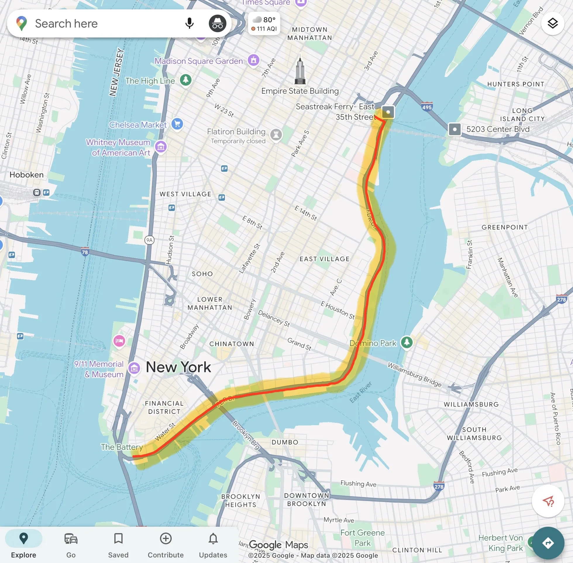 Map of Manhattan with a line going from 35th Street to Battery Park on the east side